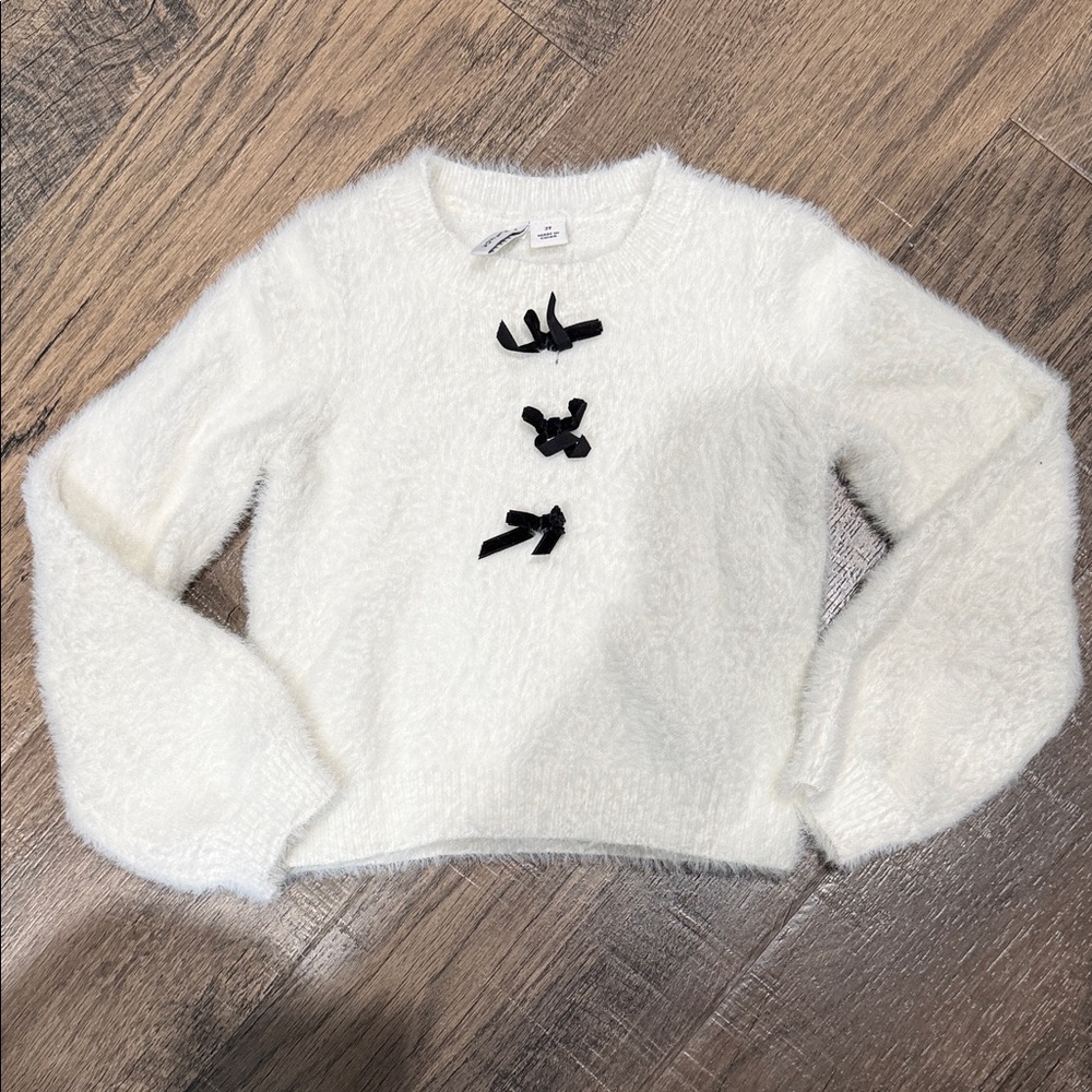 Janie & Jack Fuzzy White Cropped Sweater with Black Bow Accents